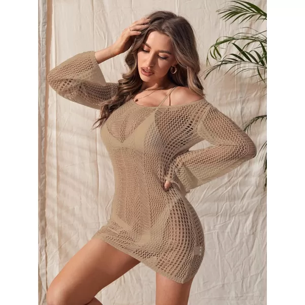 Floerns Women's Crochet Cover Up Long Sleeve Hollow Out Bikini Swimsuit Beach Cover Up Swimwear