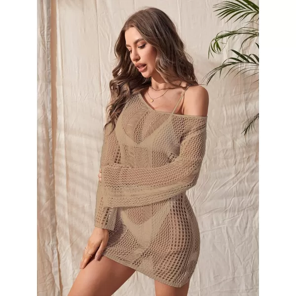 Floerns Women's Crochet Cover Up Long Sleeve Hollow Out Bikini Swimsuit Beach Cover Up Swimwear