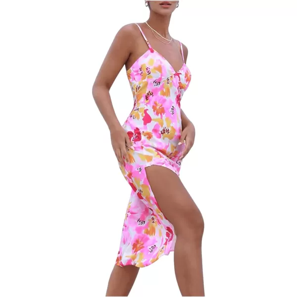 Floerns Women's Summer Split Thigh Spaghetti Strap Cami Midi Floral Dress