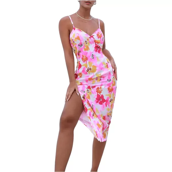 Floerns Women's Summer Split Thigh Spaghetti Strap Cami Midi Floral Dress