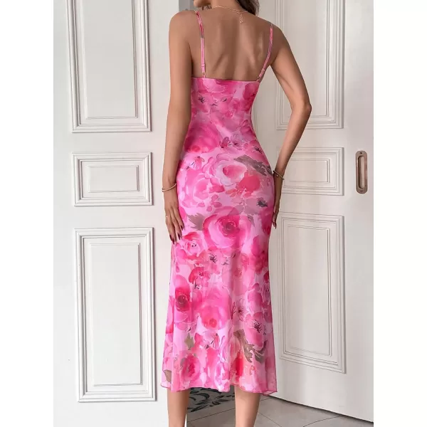 Floerns Women's Summer Split Thigh Spaghetti Strap Cami Midi Floral Dress