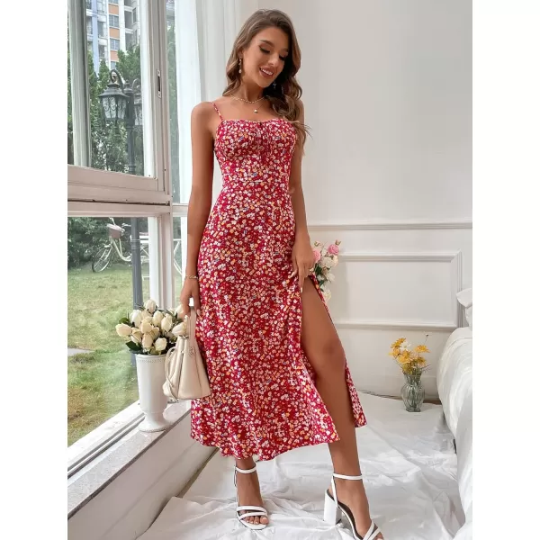 Floerns Women's Summer Split Thigh Spaghetti Strap Cami Midi Floral Dress