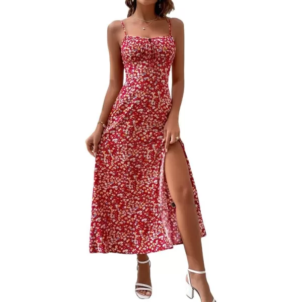 Floerns Women's Summer Split Thigh Spaghetti Strap Cami Midi Floral Dress