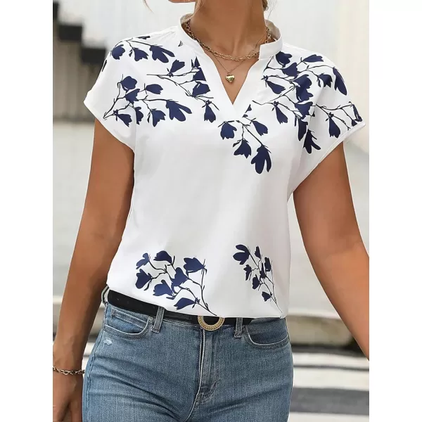 Floerns Women's Striped Notched V Neck Ruffle Cap Sleeve Blouse Tops