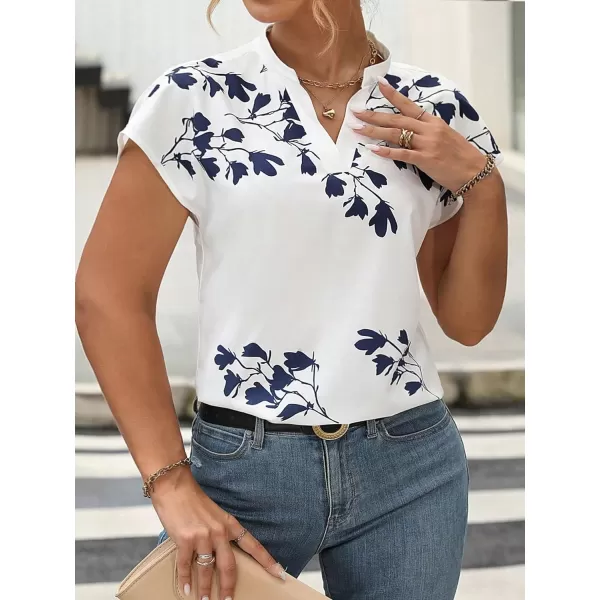 Floerns Women's Striped Notched V Neck Ruffle Cap Sleeve Blouse Tops