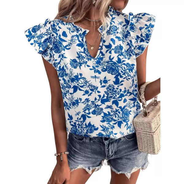 Floerns Women's Striped Notched V Neck Ruffle Cap Sleeve Blouse Tops