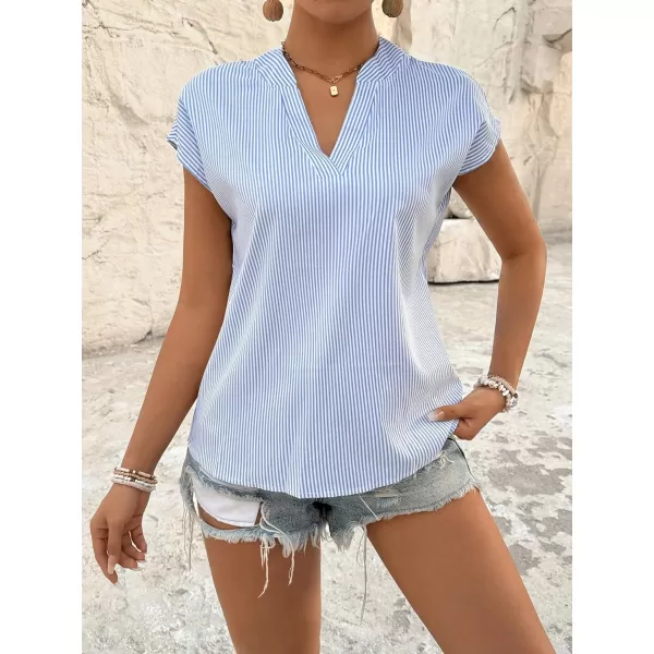 Floerns Women's Striped Notched V Neck Ruffle Cap Sleeve Blouse Tops