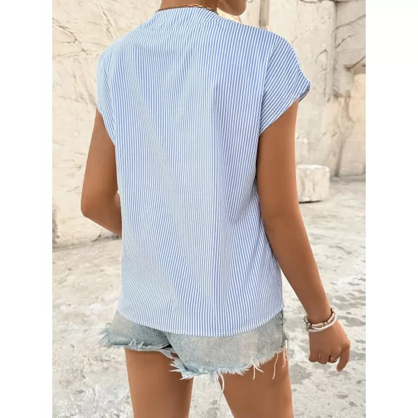 Floerns Women's Striped Notched V Neck Ruffle Cap Sleeve Blouse Tops
