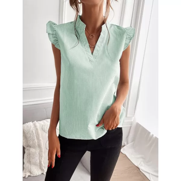 Floerns Women's Striped Notched V Neck Ruffle Cap Sleeve Blouse Tops