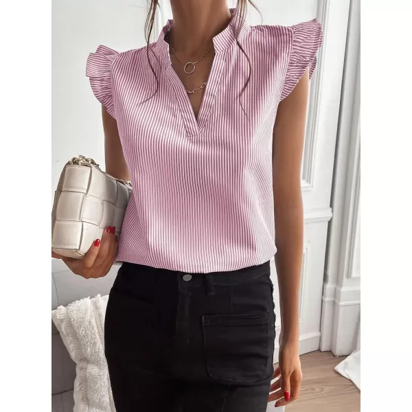 Floerns Women's Striped Notched V Neck Ruffle Cap Sleeve Blouse Tops