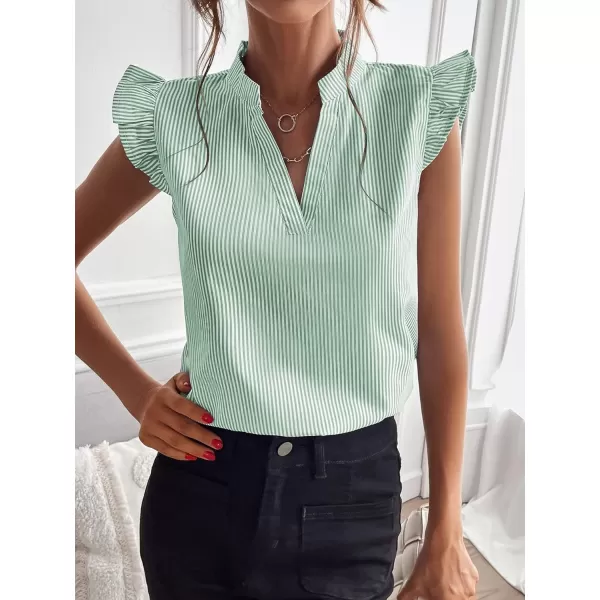Floerns Women's Striped Notched V Neck Ruffle Cap Sleeve Blouse Tops