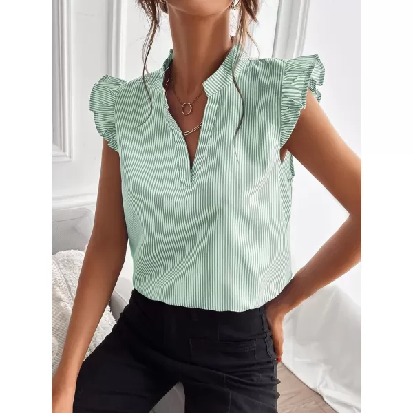 Floerns Women's Striped Notched V Neck Ruffle Cap Sleeve Blouse Tops
