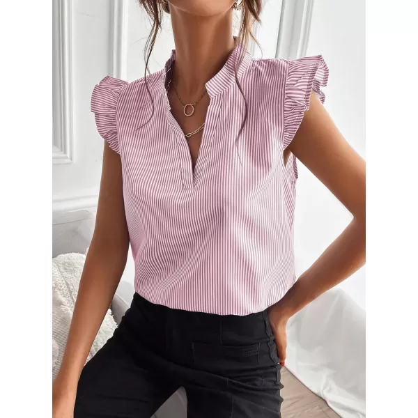 Floerns Women's Striped Notched V Neck Ruffle Cap Sleeve Blouse Tops
