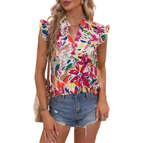 Floerns Women's Striped Notched V Neck Ruffle Cap Sleeve Blouse Tops