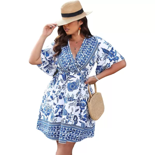 Floerns Women's Plus Size Wrap V Neck Short Sleeve Ruffle Hem A Line Short Dress