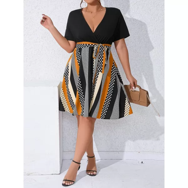 Floerns Women's Plus Size Wrap V Neck Short Sleeve Ruffle Hem A Line Short Dress