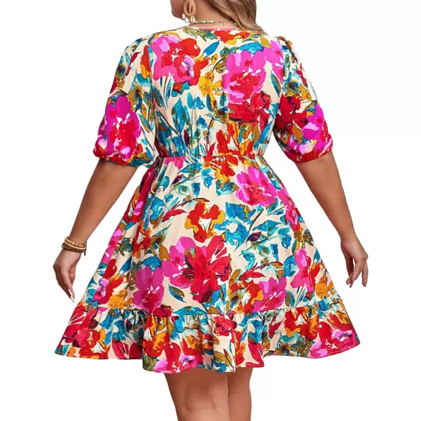 Floerns Women's Plus Size Wrap V Neck Short Sleeve Ruffle Hem A Line Short Dress