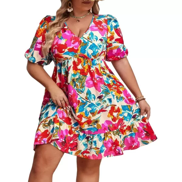 Floerns Women's Plus Size Wrap V Neck Short Sleeve Ruffle Hem A Line Short Dress