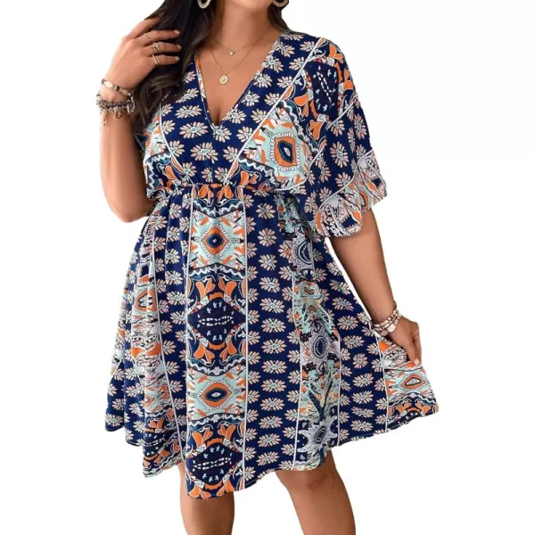 Floerns Women's Plus Size Wrap V Neck Short Sleeve Ruffle Hem A Line Short Dress