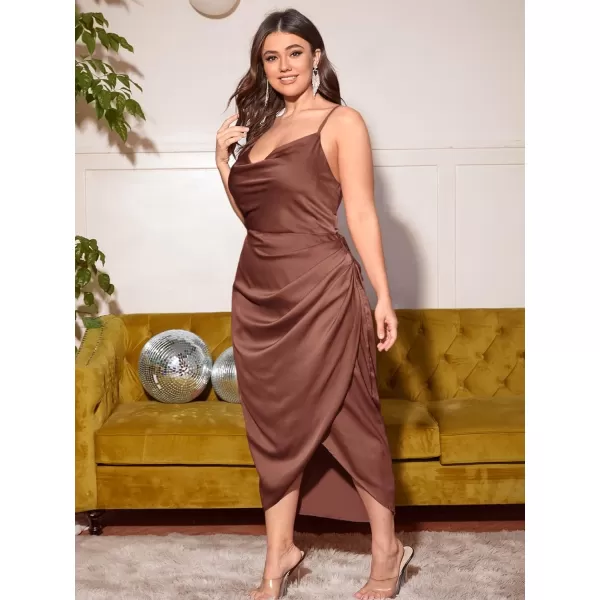 Floerns Women's Plus Size Satin Spaghetti Strap Cowl Neck Wrap Party Cami Dress