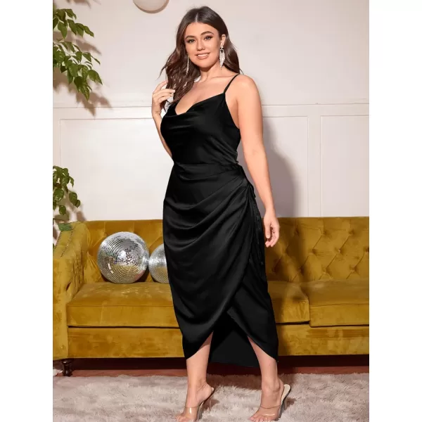 Floerns Women's Plus Size Satin Spaghetti Strap Cowl Neck Wrap Party Cami Dress