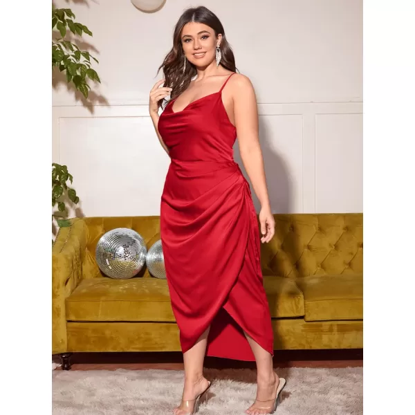 Floerns Women's Plus Size Satin Spaghetti Strap Cowl Neck Wrap Party Cami Dress