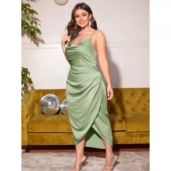 Floerns Women's Plus Size Satin Spaghetti Strap Cowl Neck Wrap Party Cami Dress