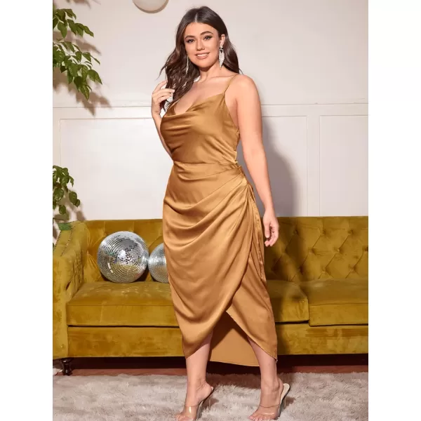 Floerns Women's Plus Size Satin Spaghetti Strap Cowl Neck Wrap Party Cami Dress