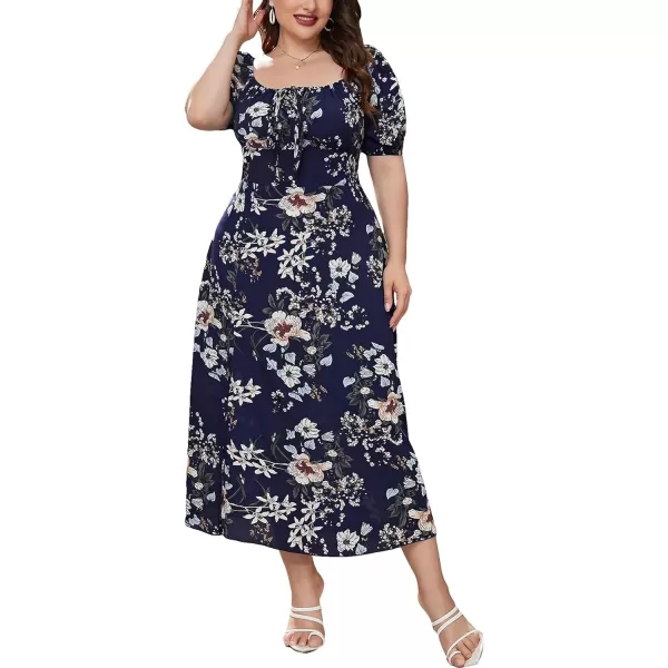 Floerns Women's Plus Size Floral Print Tie Front Square Neck Slit Hem Midi Dress