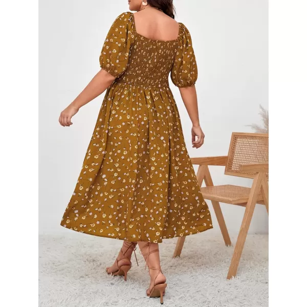 Floerns Women's Plus Size Floral Print Tie Front Square Neck Slit Hem Midi Dress
