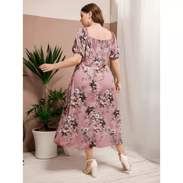 Floerns Women's Plus Size Floral Print Tie Front Square Neck Slit Hem Midi Dress