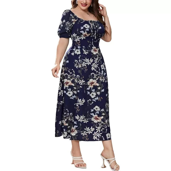 Floerns Women's Plus Size Floral Print Tie Front Square Neck Slit Hem Midi Dress