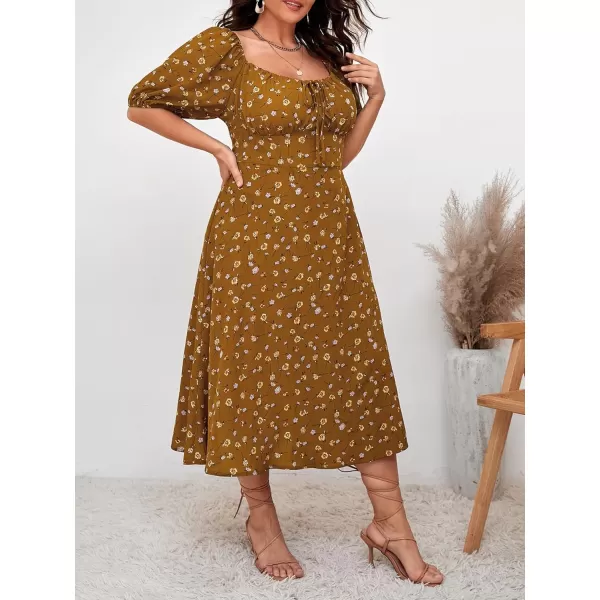 Floerns Women's Plus Size Floral Print Tie Front Square Neck Slit Hem Midi Dress