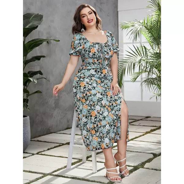 Floerns Women's Plus Size Floral Print Tie Front Square Neck Slit Hem Midi Dress