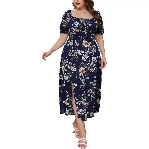 Floerns Women's Plus Size Floral Print Tie Front Square Neck Slit Hem Midi Dress
