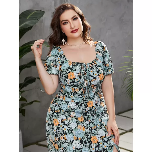 Floerns Women's Plus Size Floral Print Tie Front Square Neck Slit Hem Midi Dress