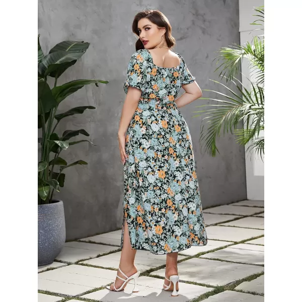 Floerns Women's Plus Size Floral Print Tie Front Square Neck Slit Hem Midi Dress