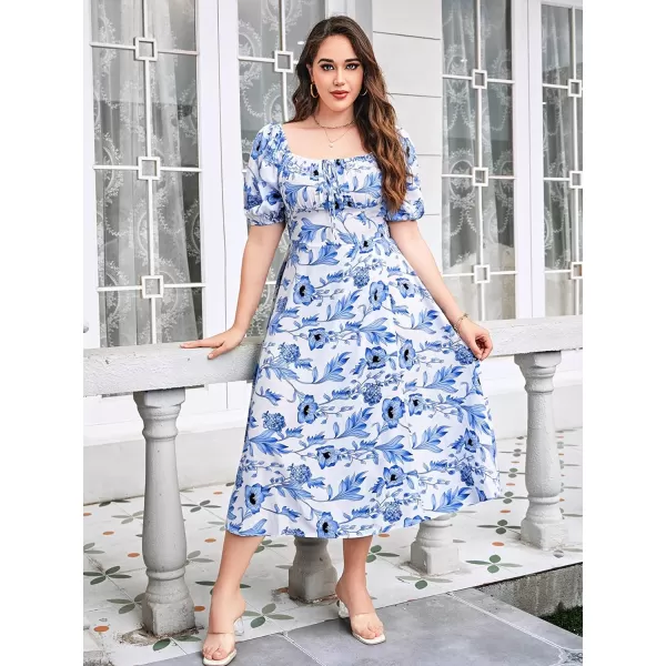 Floerns Women's Plus Size Floral Print Tie Front Square Neck Slit Hem Midi Dress