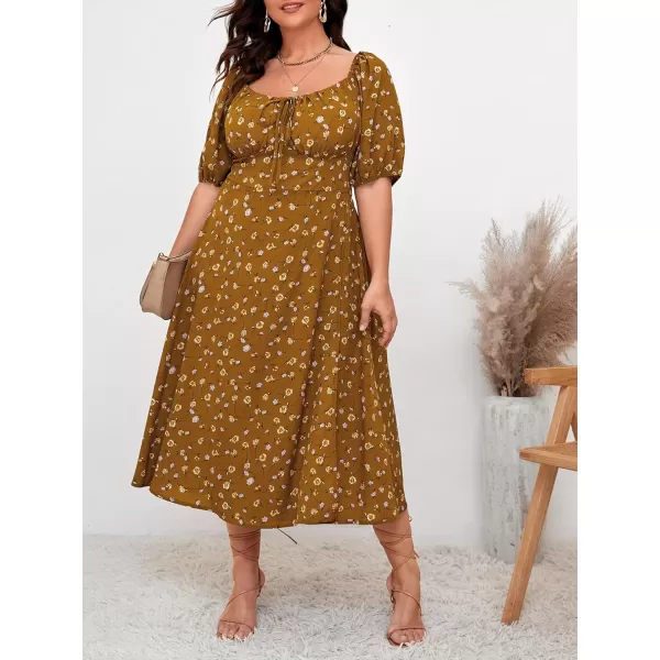 Floerns Women's Plus Size Floral Print Tie Front Square Neck Slit Hem Midi Dress