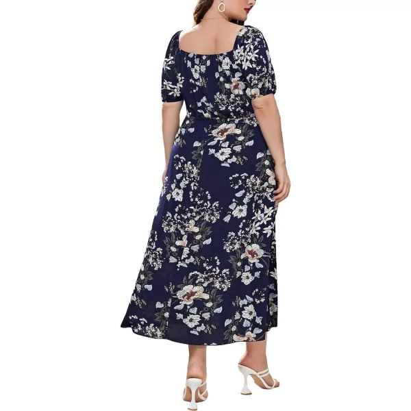 Floerns Women's Plus Size Floral Print Tie Front Square Neck Slit Hem Midi Dress