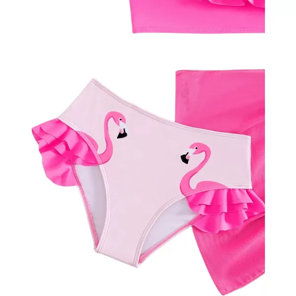 Floerns Girl's 3 Piece Bathing Suit Flamingo Ruffle Trim Bikini Set with Beach Skirt