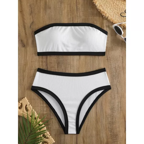 Floerns Women's 2 Piece Colorblock Strapless Tube Bra and Cheeky Bottoms Bikini Swimsuit Set
