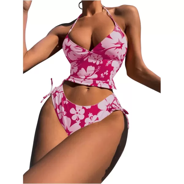 Floerns Women's 2 Piece Floral Print Halter Tie Back Crop Top and Bottoms Bikini Set