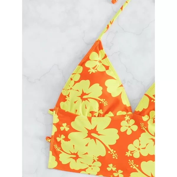 Floerns Women's 2 Piece Floral Print Halter Tie Back Crop Top and Bottoms Bikini Set