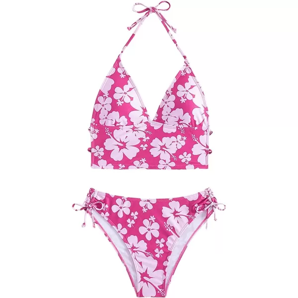 Floerns Women's 2 Piece Floral Print Halter Tie Back Crop Top and Bottoms Bikini Set
