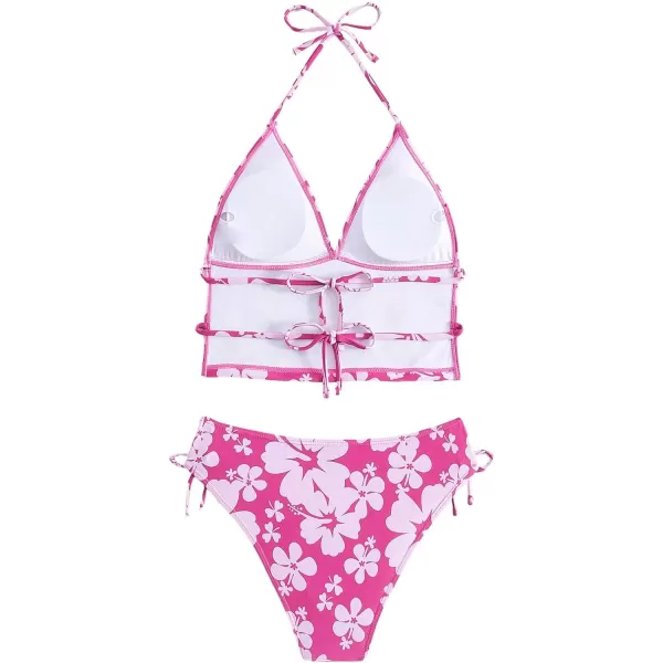 Floerns Women's 2 Piece Floral Print Halter Tie Back Crop Top and Bottoms Bikini Set