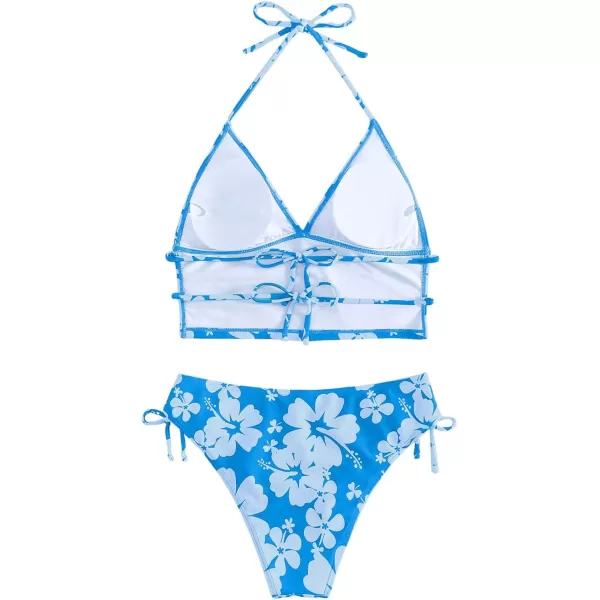 Floerns Women's 2 Piece Floral Print Halter Tie Back Crop Top and Bottoms Bikini Set