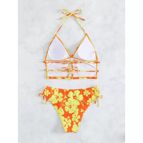 Floerns Women's 2 Piece Floral Print Halter Tie Back Crop Top and Bottoms Bikini Set
