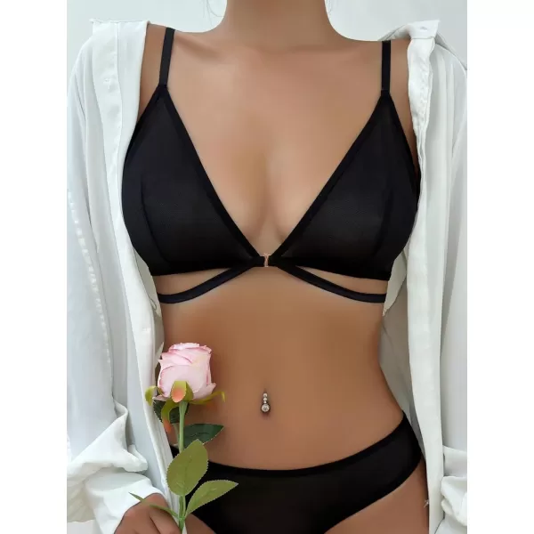 Floerns Women's 2 Piece Mesh Triangle Bra and Mid Rise Panty Underwear Lingerie Set