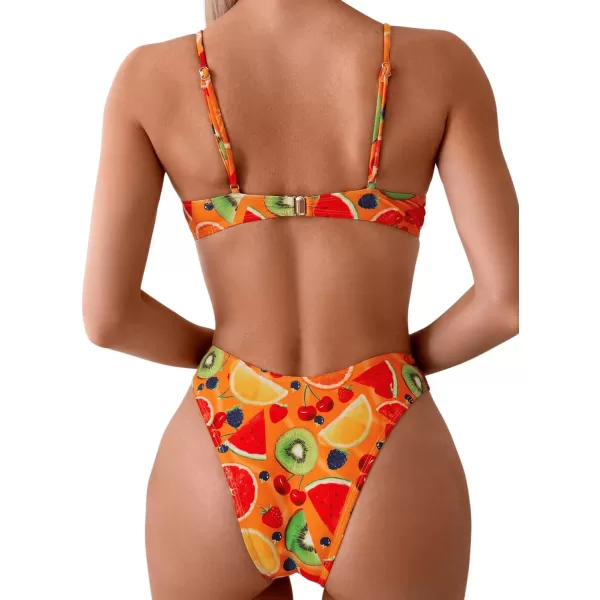 Floerns Women's 2 Piece Set Fruit Printed Underwire Bra High Cut Bikini Swimsuit